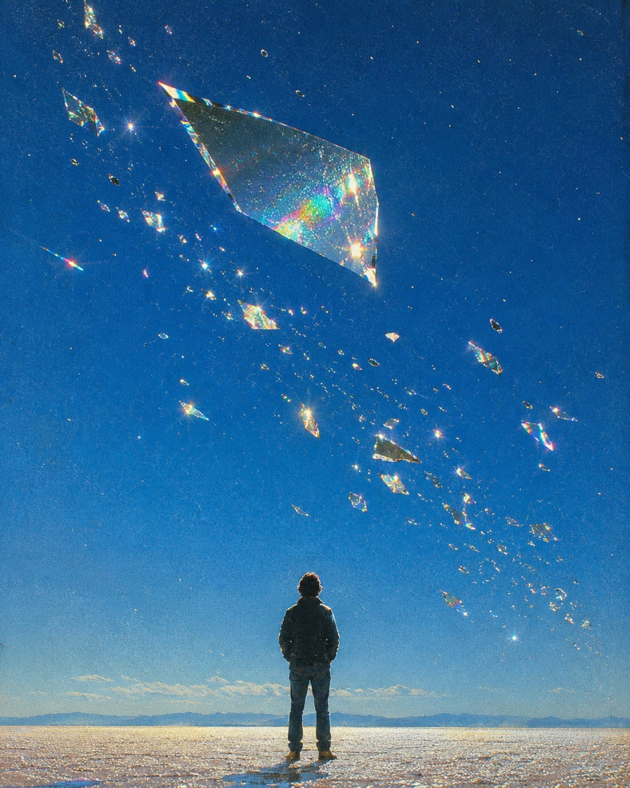 A person standing beneath iridescent shards in deep blue light