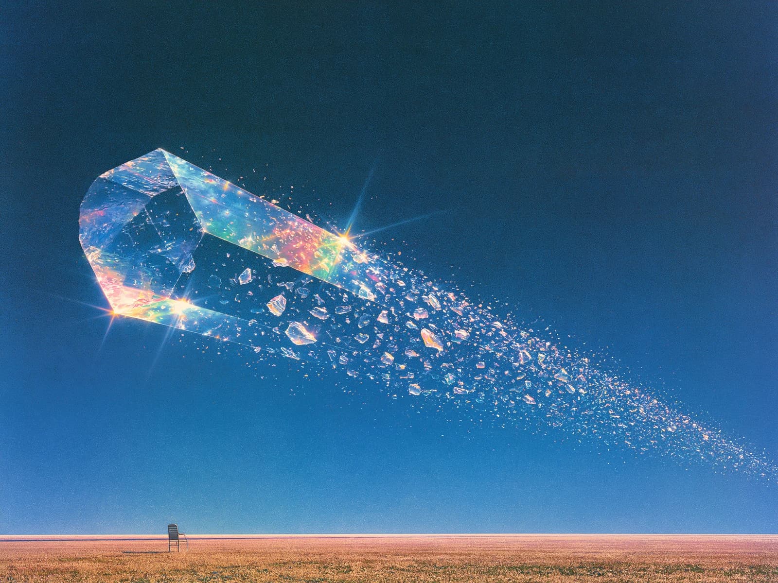 An iridescent signal crossing a cobalt sky above an open field
