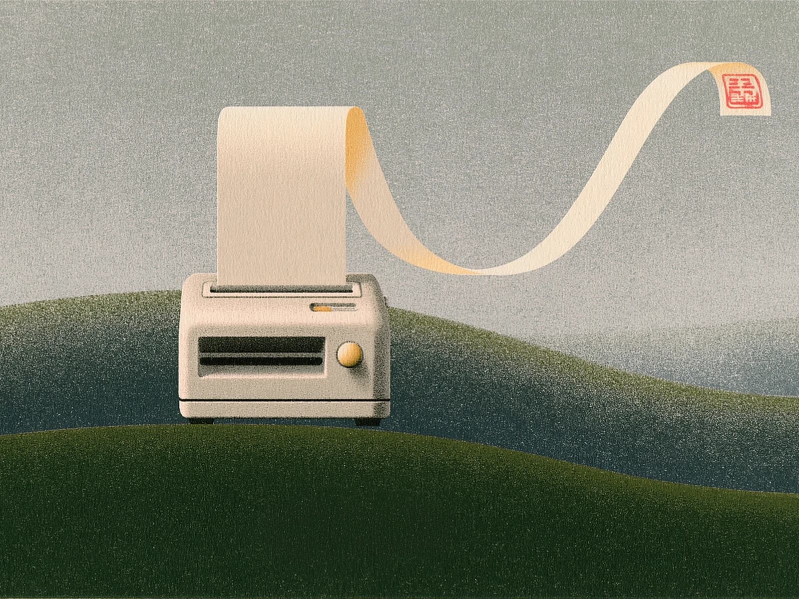 Small printing machine sending a long paper trail across layered hills