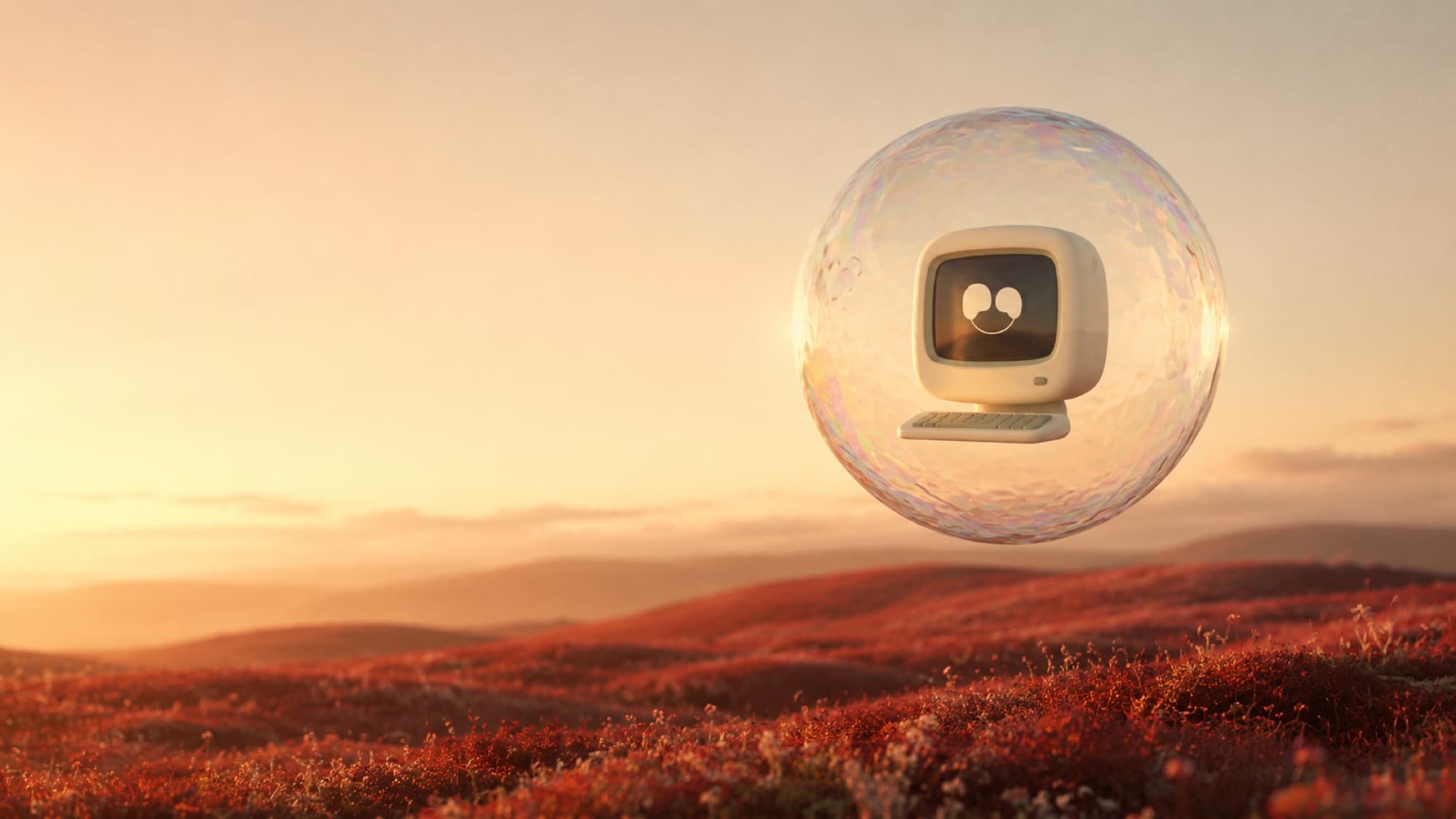 A bubble-screen computer relic standing alone on a red moor